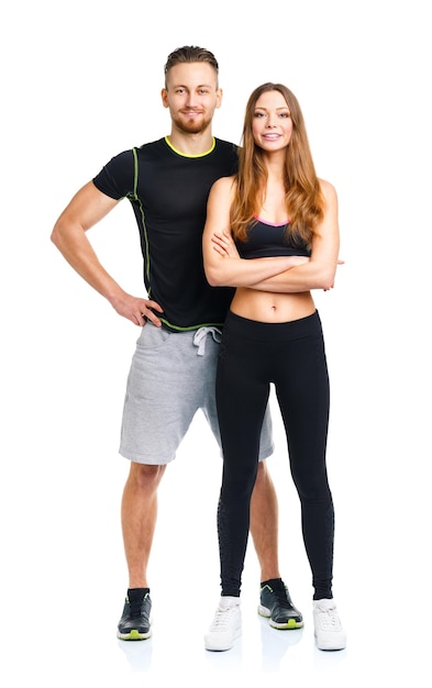 Sport couple man and woman after fitness exercise on the white background