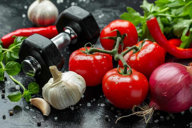 Sport and diet Healthy lifestyle Vegetables dumbbells Peppers tomatoes garlic onion and radish on