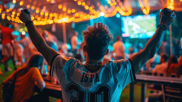 Photo sport fan celebrating at night outdoor event