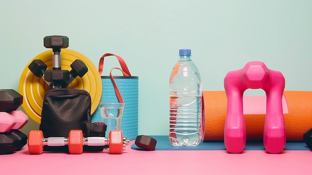 sport and fitness equipment scattered on floor