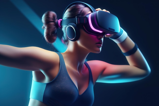 Sport and fitness of the future pretty slim athletic woman training in vr glasses movement in virtual reality helmet Generative AI illustration