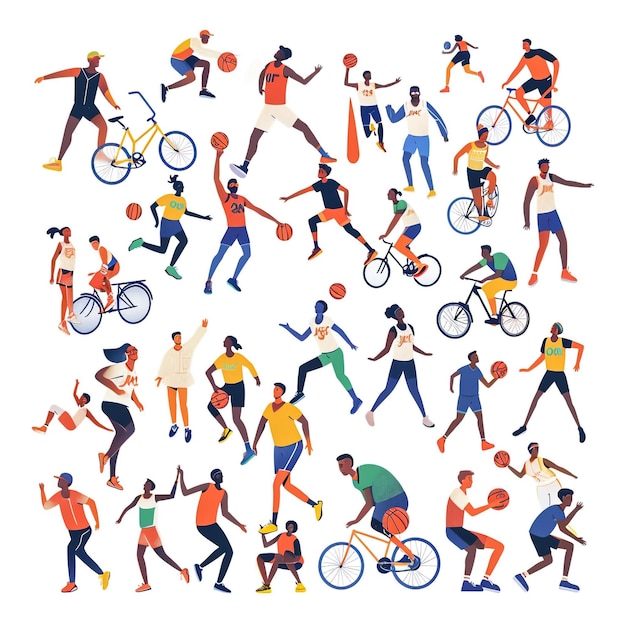 Photo sport people flat icons set with men and women cycling playing football and tennis isolated vector illustration