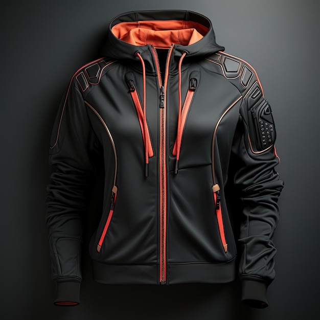 Sport rain jacket with hood in black and red water-repellent synthetic.