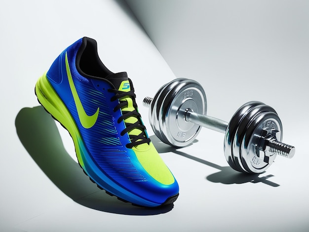 Photo sport shoe and dumbbell on isolated white background sidewith copy space