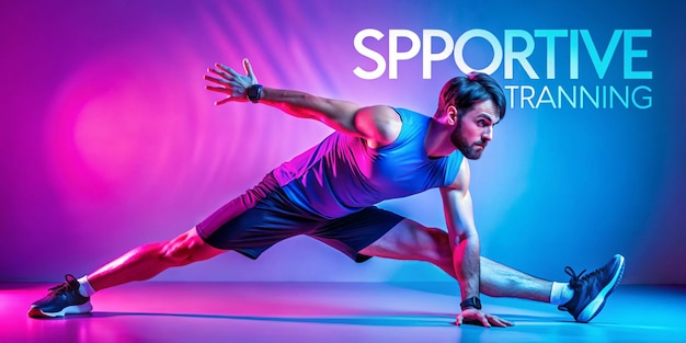 Photo sportive serious man in funny sportswear stretching training against gradient blue pink background in neon light sportive and active lifestyle humor retro style concept banner