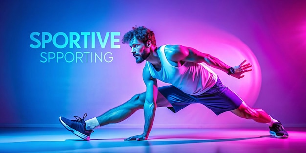 Photo sportive serious man in funny sportswear stretching training against gradient blue pink background in neon light sportive and active lifestyle humor retro style concept banner