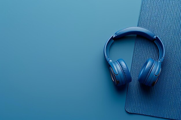 Sports accessories and yoga mat on a blue background top view