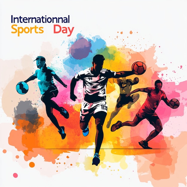 Photo sports background national sports day celebration concept with abstract geometric ornaments and illustrations of sports athletes players of football badminton basketball baseball tennis volleyball