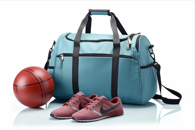 Photo sports bag sneakers basketball and ball on a white background