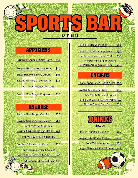 Photo sports bar menu with bold vibrant colors and dynamic patterns se menu layout idea for brand designc