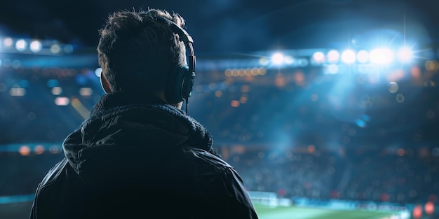 Sports Broadcaster Covering a Live Soccer Match