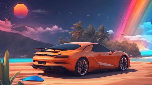 Sports car in the desert with palm trees