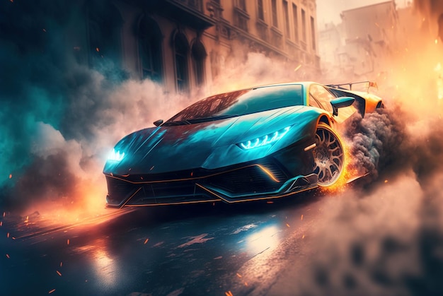 Sports car drifting in city luxury racing car in smoke and fire from burning tires generative AI