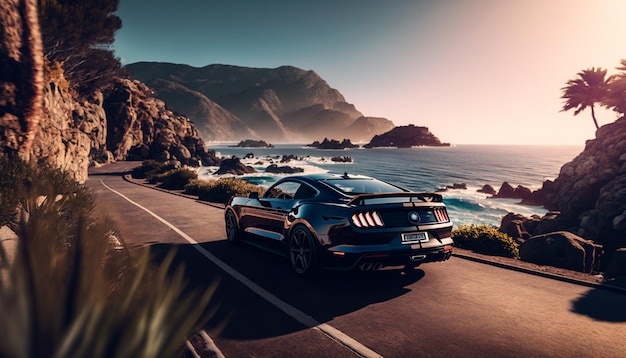 A sports car drives along a scenic route along the coast