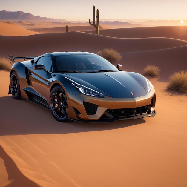 A sports car is driving on a desert road with a cactus in the background