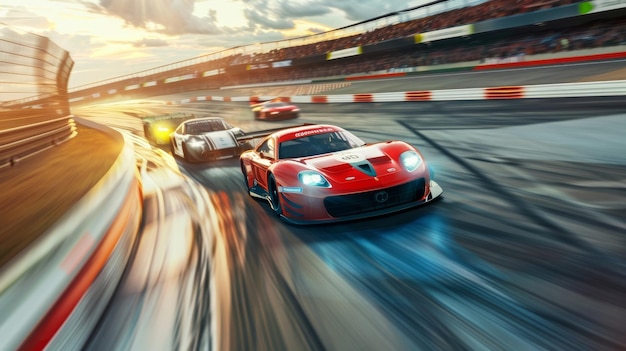 Sports car racing at high speed on a racetrack dynamic motion blur cheering crowd in the background