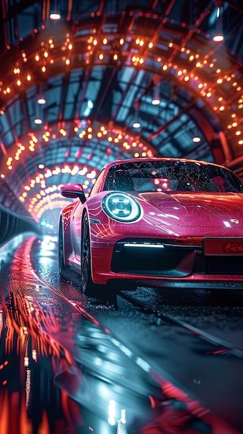 A Sports Car Racing Through NeonLit Tunnel Wallpaper