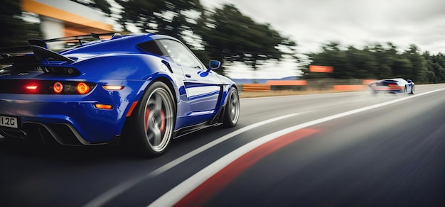 Sports car rides on the track with crazy speed rear view banner Generative AI