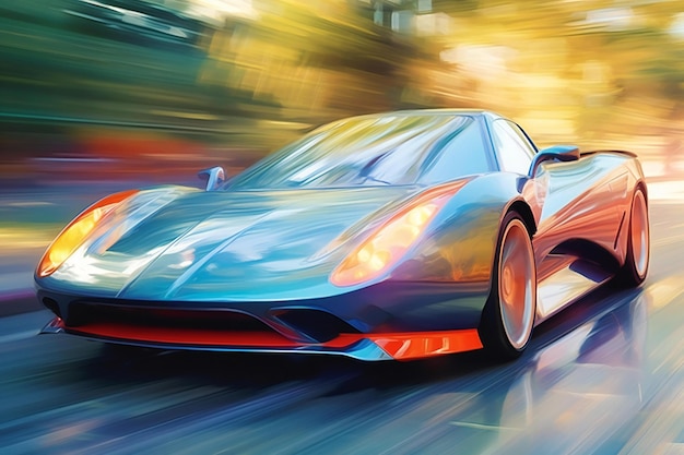 Sports car on the road with motion blur background