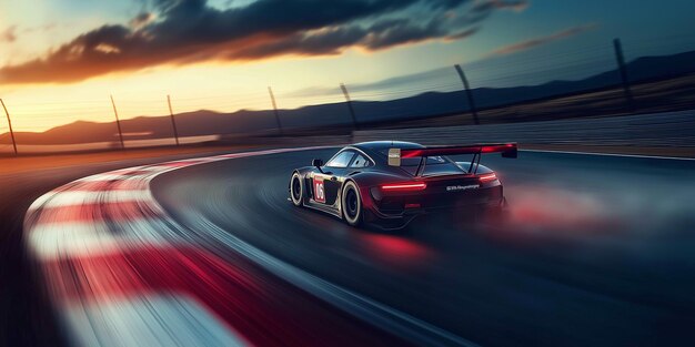 Photo a sports car speeding along a coastal road at sunset