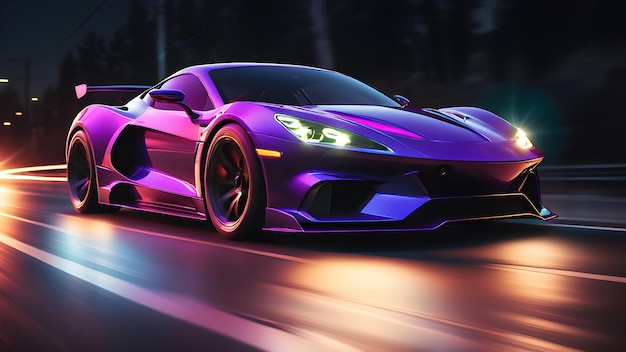 Sports car supercar fast driving in dark tunnel neon glowing lights lights trails long exp