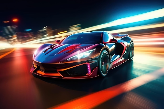 Photo sports car with colorful lights trails captivating light effects at night