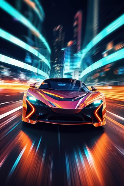 Photo sports car with colorful lights trails captivating light effects at night