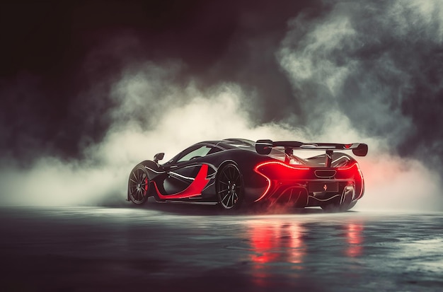 A sports car with red smoke glowing and illuminated in the background