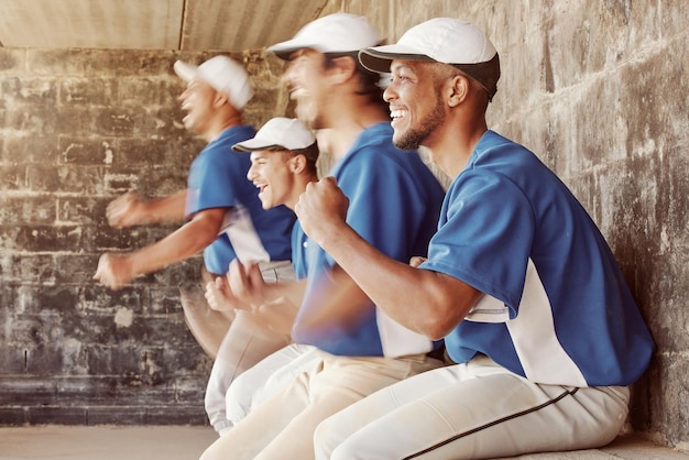 Sports celebration baseball winner and team celebrate game victory competition win or point from dugout Winning motivation partnership or softball player excited after fitness workout or teamwork