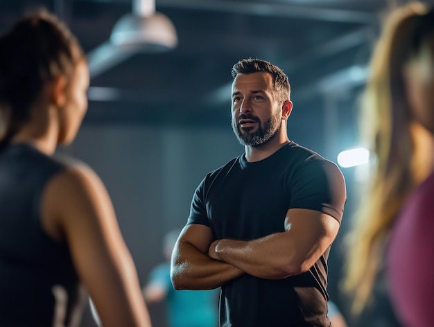 Photo sports coach motivating athletes during a training sessiona man with crossed arms speaks to a group