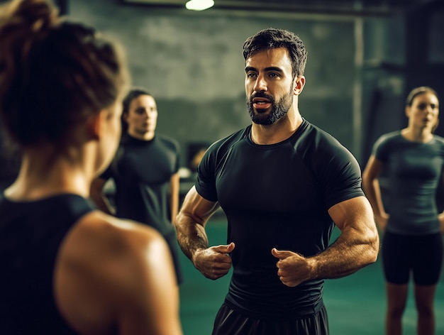 Sports coach motivating athletes during a training sessionA