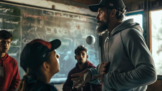 Photo sports coach strategizing with players using a whiteboard to discuss game plans and tactics