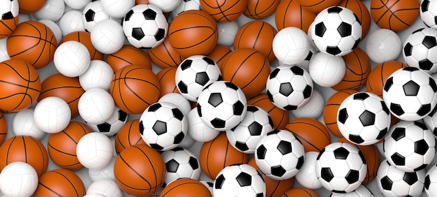 Sports concept Basketball volleyball and soccer balls banner 3d illustration