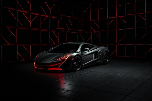 A sports concept car with neon lights on a dark background