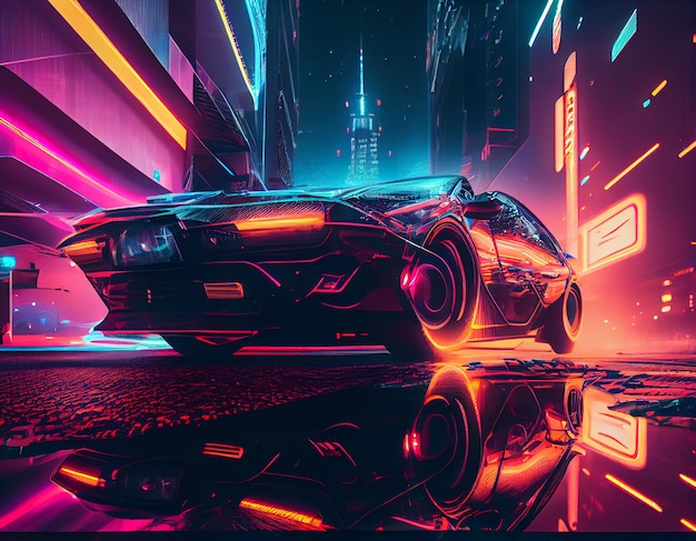 Sports cyberpunk futuristic car on a neon cyberpunk background Night futuristic cityscape background High quality illustration