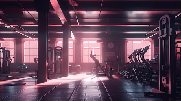 Sports empty club fitness gym with a group of exercise machines and bike paths AI generated