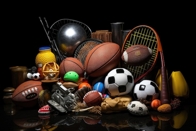 Sports equipment on a black background Sports and fitness equipment on the table AI Generated