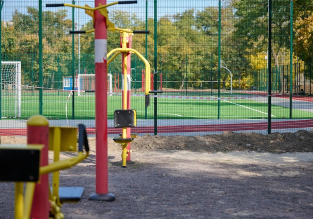 Sports equipment in a public park without people an empty playground during a pandemic and epidemic Lockdown time