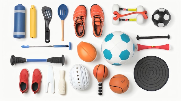 Photo sports equipment and toys laid out on a white background