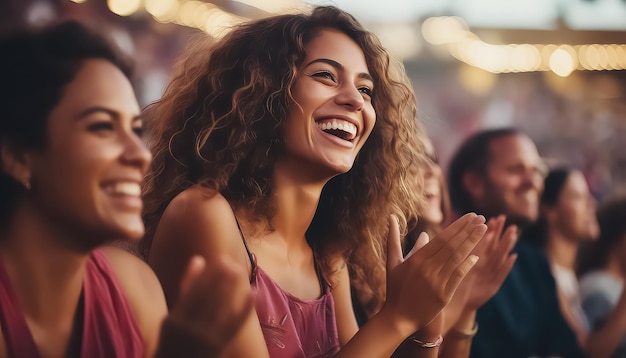 sports fan woman watching a sporting event and clapping her hands