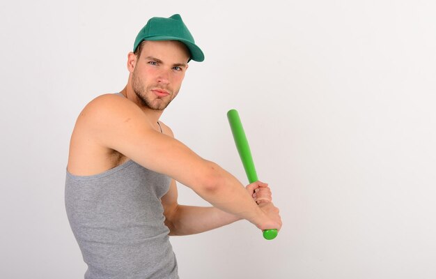 Sports and game concept Man in cyan green baseball hat