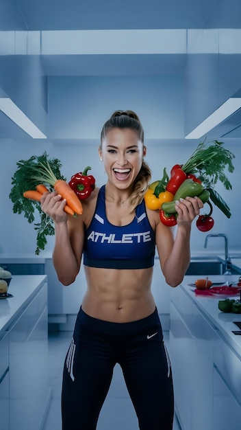 Photo sports girl in a kitchen with vegetables