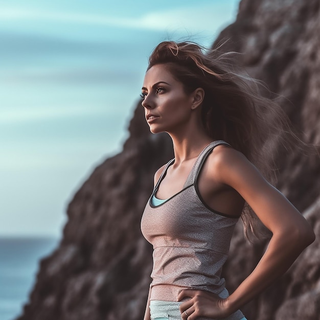 a sports girl standing on the rock with some pose