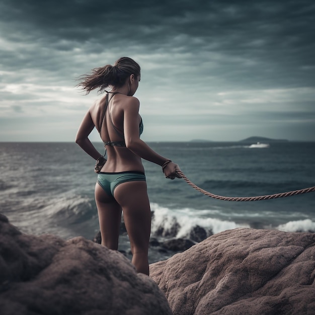 a sports girl standing on the rock with some pose