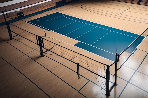 Sports image background volleyball net in an old empty sports gym Top view backdrop for team volleyball game Concept of getting sport healthy lifestyle and team success Copy ad text space