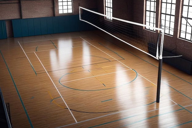 Sports image background volleyball net in an old empty sports gym Top view backdrop for team volleyball game Concept of getting sport healthy lifestyle and team success Copy ad text space