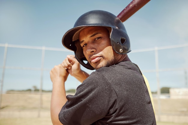 Sports portrait of athlete baseball player with bat for power strike hit or swing in club competition game or practice match Softball motivation winner mindset and man ready for field training