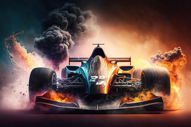 Sports racing car on race track with smoke and fire background digital illustration