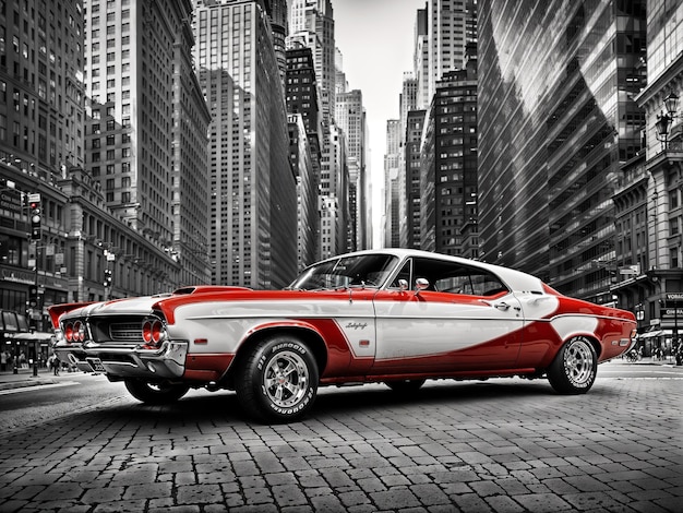 Sports red car in retro style on the street of a big city