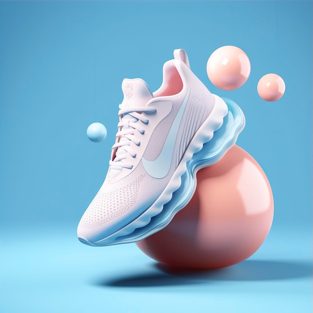 Sports shoes with a ball clean and simple background bright light blue background color AI Generative